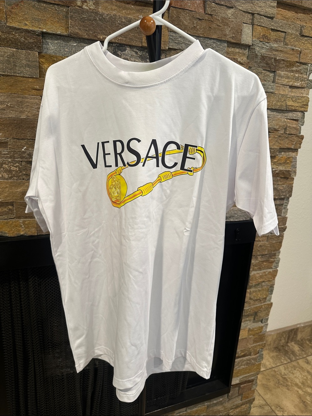 White Tee with Yellow Medusa Harness Graphic size L